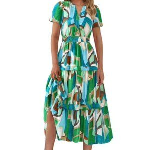 Pretty Garden Green Colorblock Maxi Short Sleeve Dress Size Medium NWT
